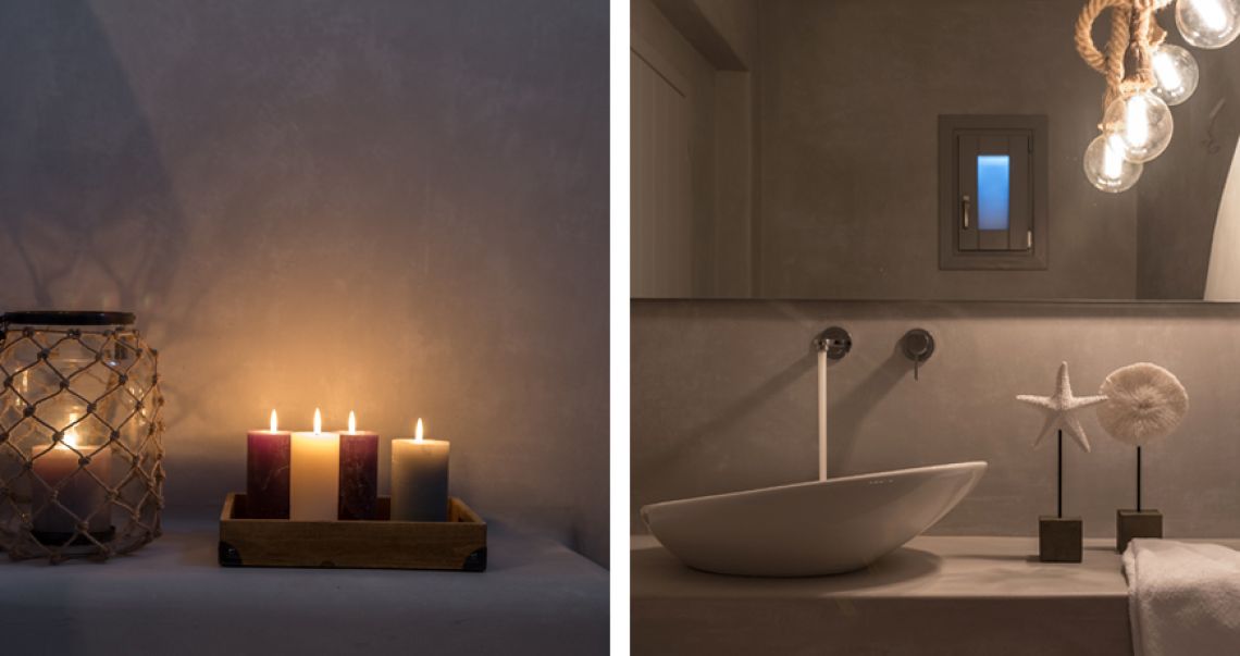 Split image capturing a relaxing atmosphere: burning candles in a glass lantern on the left, and a dimly lit bathroom vanity with a vessel sink and rope lights on the right.