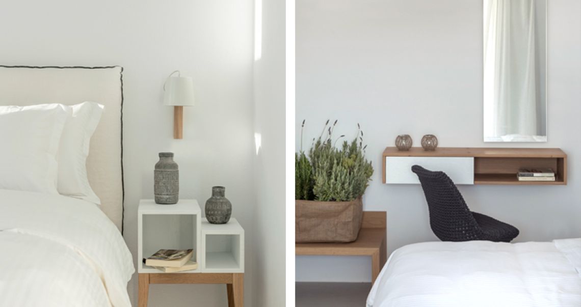 Split image of a bedroom interior showing a modern white nightstand detail on the left, and a floating wooden vanity desk with a mirror on the right.