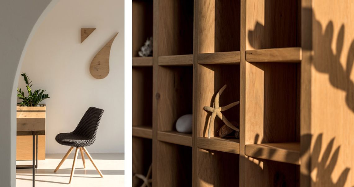 Split image showing a modern workspace with a black chair and wooden art on the left, and a close-up of a wooden shelf display with seashells on the right. 
