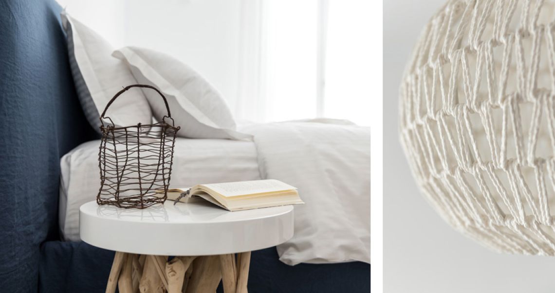 Split image showing a bedside detail with a wire basket and open book on the left, and a close-up of a white macrame pendant light on the right.